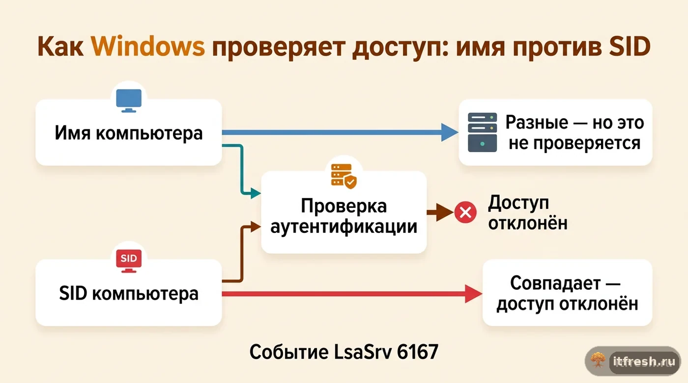 Схема: разные имена серверов не спасают от отказа в доступе, если совпадает SID компьютера — ключевая причина ошибки