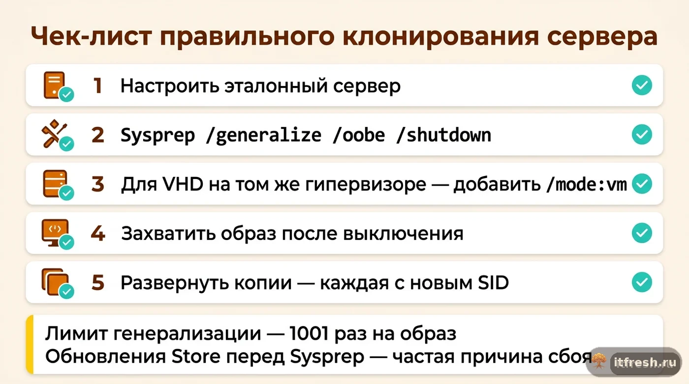 Чек-лист подготовки образа Windows Server к клонированию через Sysprep generalize с ключевыми шагами и ограничениями