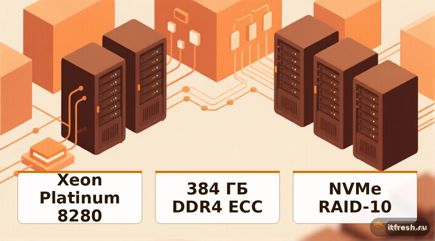 Характеристики сервера для KVM: процессор Xeon Platinum, память ECC, NVMe-хранилище