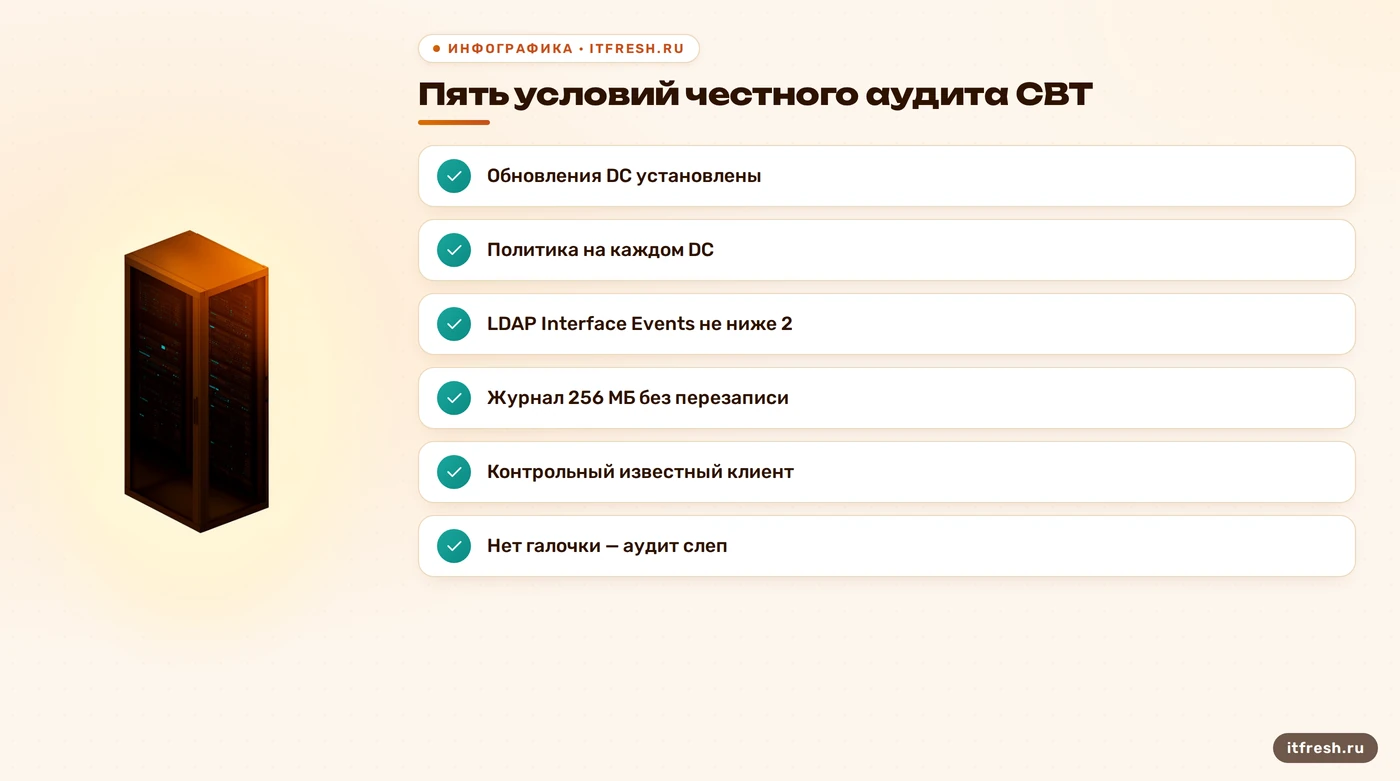 Чек-лист из пяти условий, без которых аудит LDAP channel binding ничего не показывает