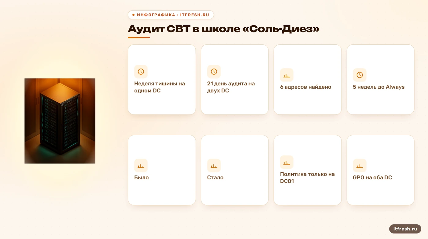Цифры кейса: аудит CBT на двух контроллерах, шесть найденных адресов и пять недель до режима Always