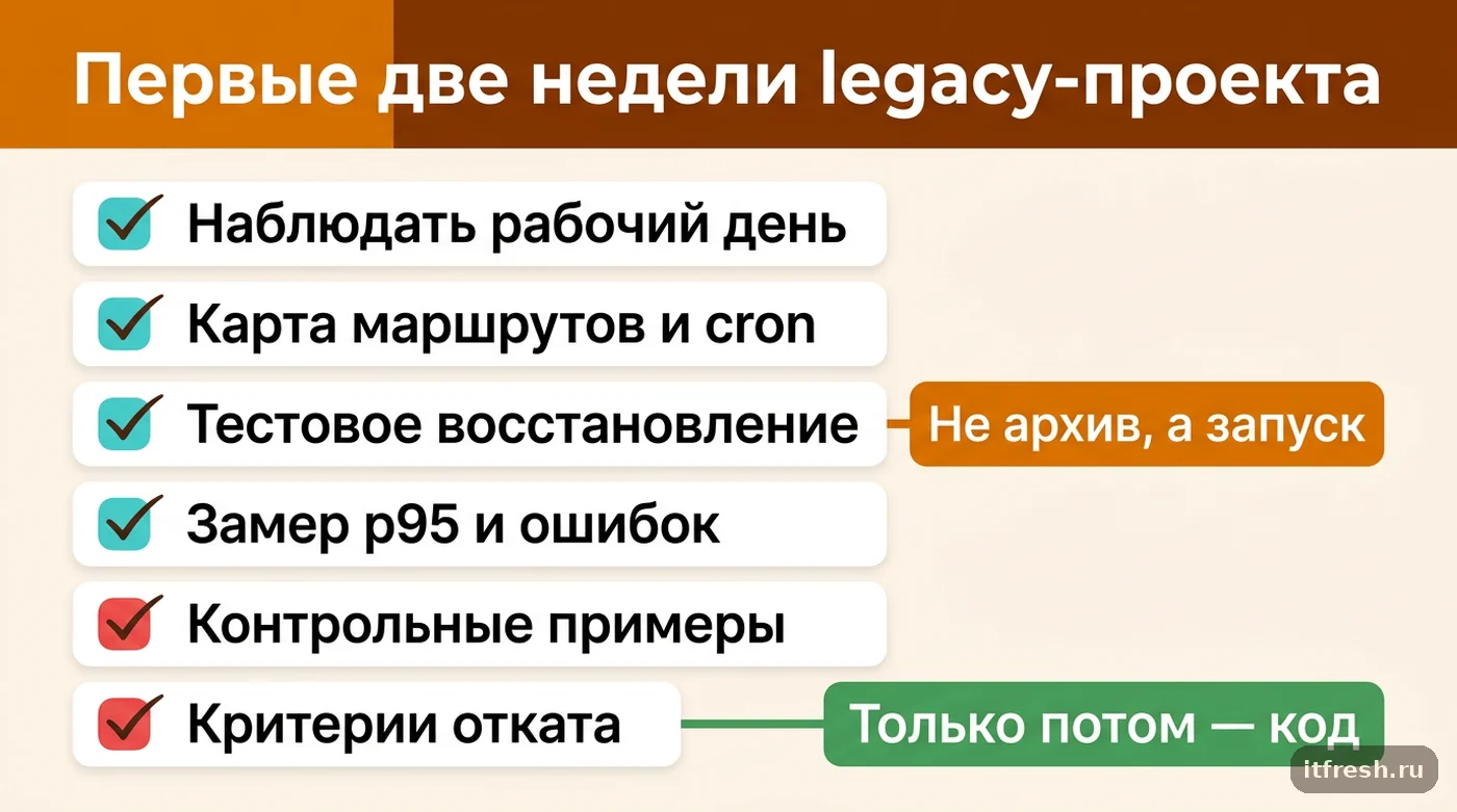Чек-лист обследования legacy-системы: восстановление, замеры, контрольные примеры, критерии отката