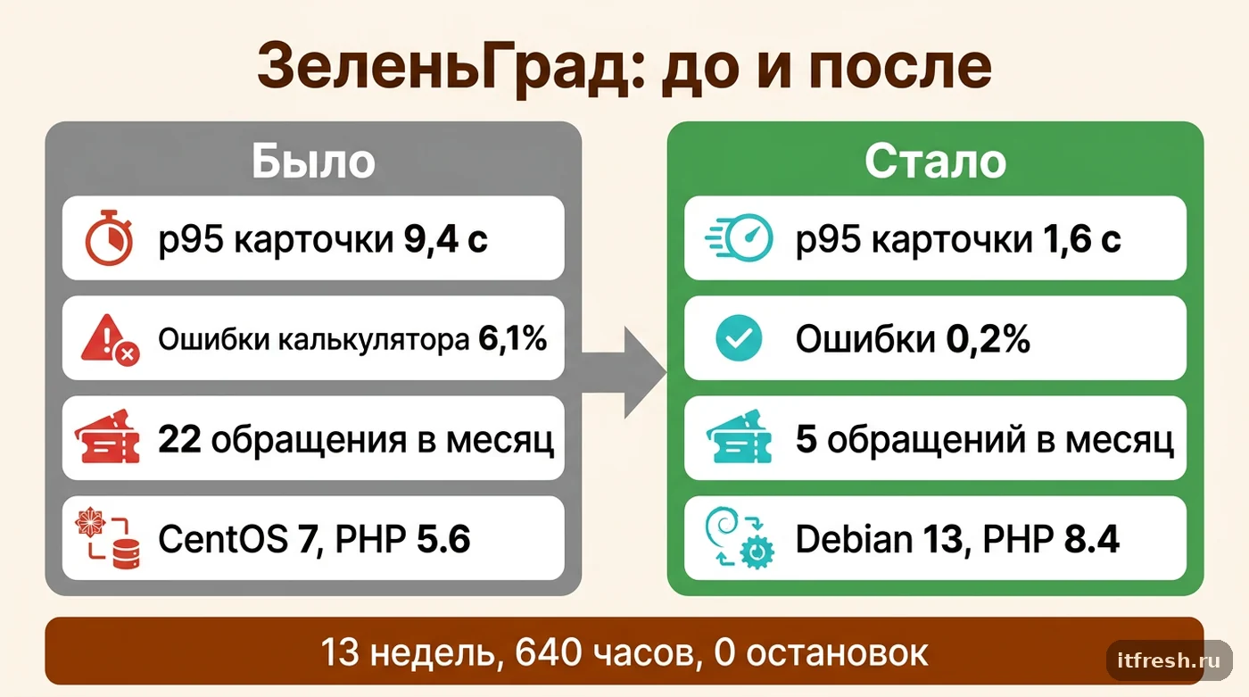 Результаты рефакторинга legacy: p95 с 9,4 до 1,6 секунды, ошибки калькулятора с 6,1% до 0,2%