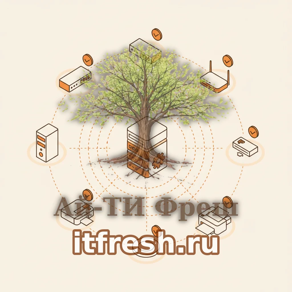 Схема автообнаружения LibreNMS: сервер сканирует сеть по CDP, LLDP, ARP и SNMP и находит коммутаторы, роутеры, ИБП, принтеры и точки доступа