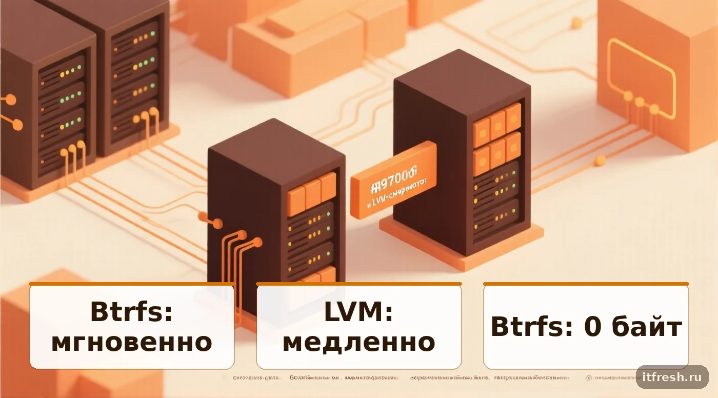 Сравнение Btrfs и LVM-снапшотов: скорость создания, занимаемое место, масштабируемость, блокирующий эффект.