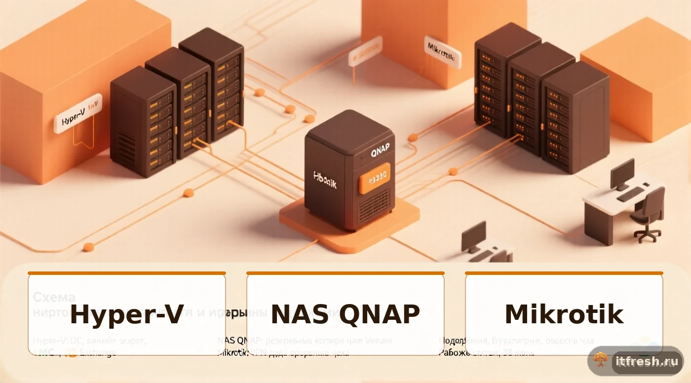 Схема инфраструктуры малого бизнеса с сервером Hyper-V, NAS QNAP и Mikrotik