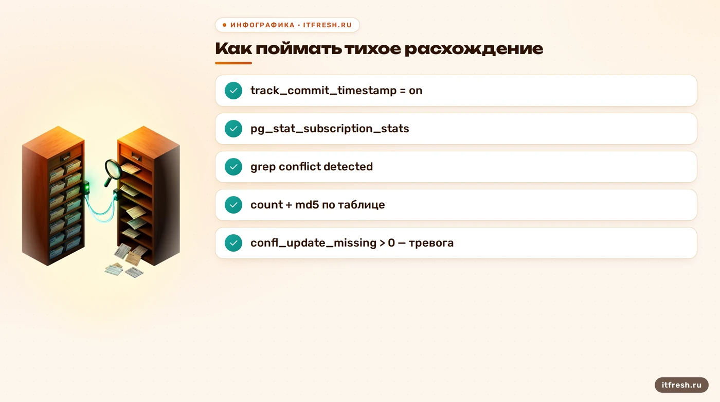 Чек-лист из четырёх шагов для обнаружения тихих конфликтов логической репликации PostgreSQL