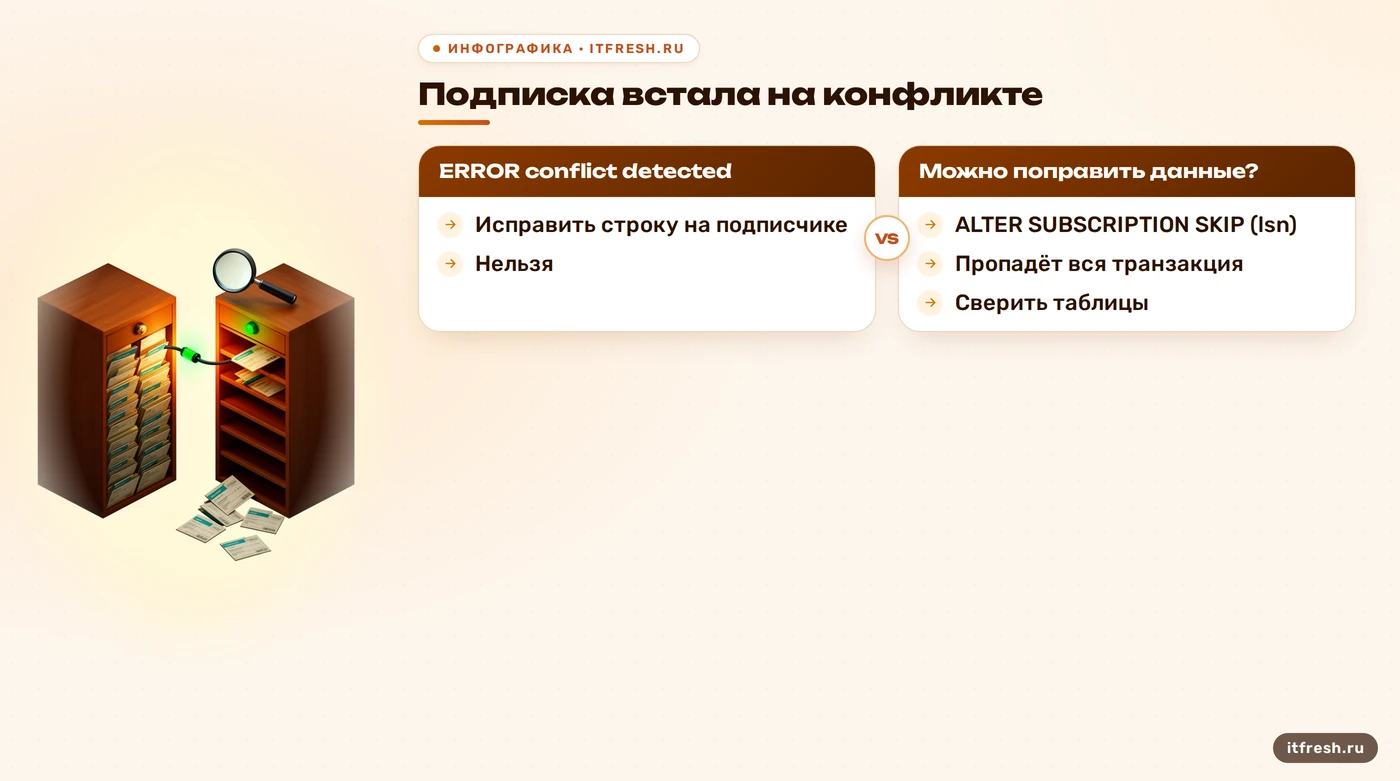 Дерево решений при остановке логической репликации PostgreSQL: исправить данные или пропустить транзакцию через SKIP