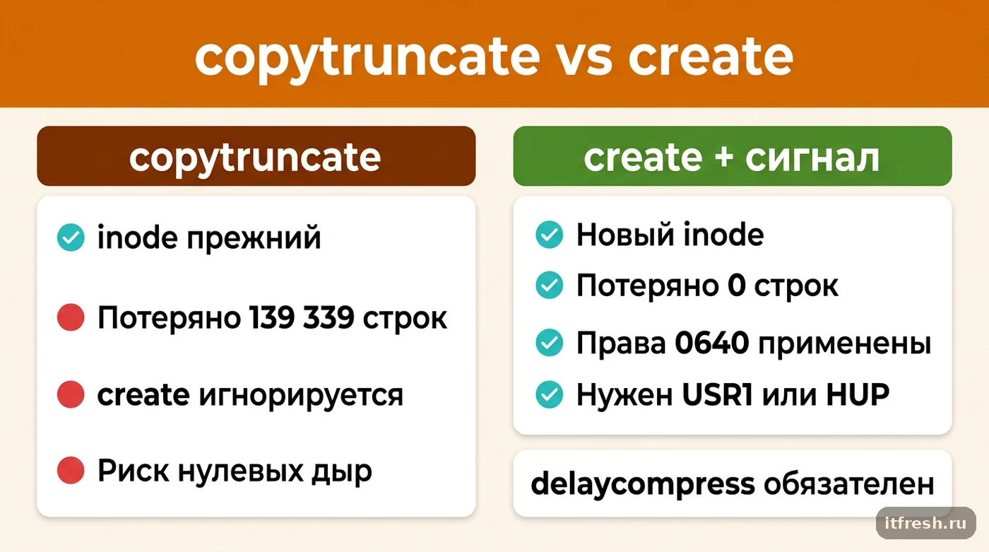 Сравнение logrotate copytruncate и create: потери строк, inode, права и необходимость сигнала