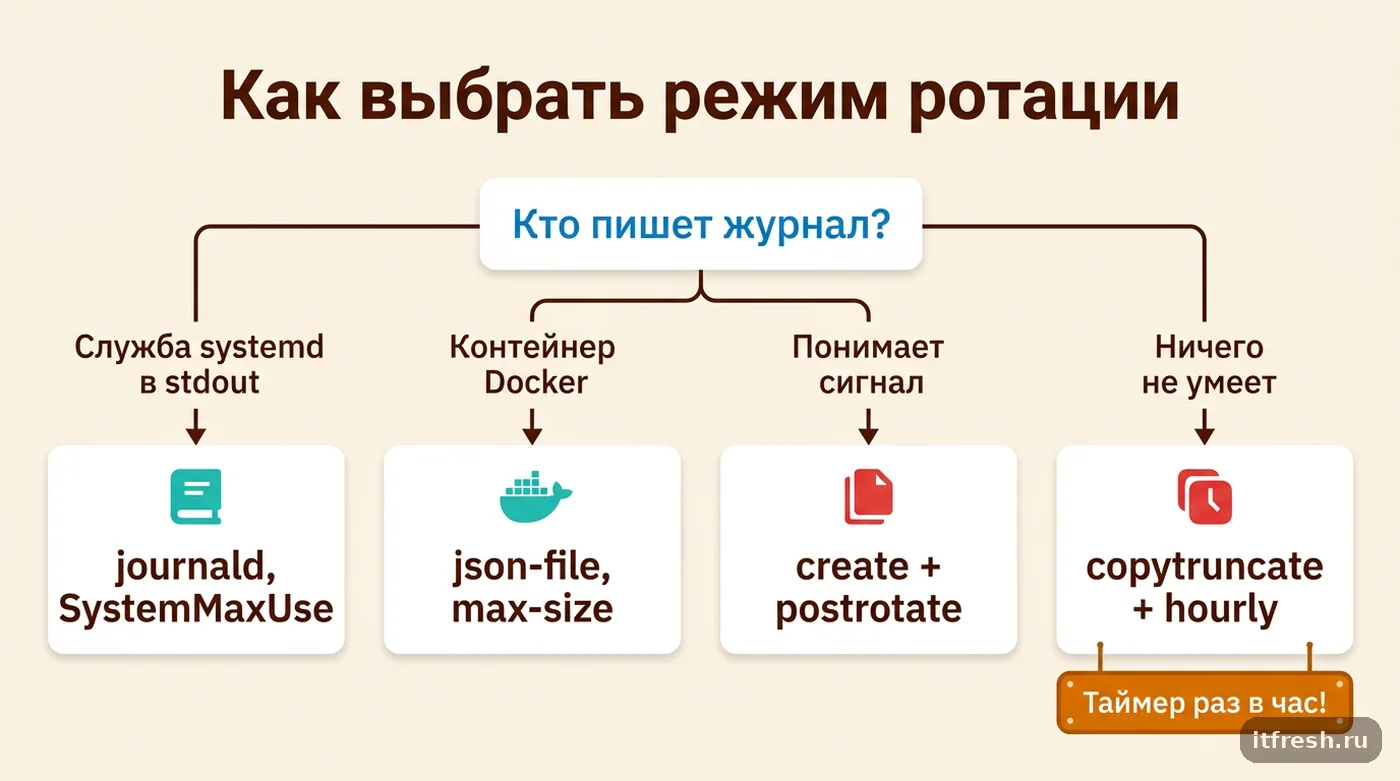 Дерево решений: journald, Docker json-file, create с сигналом или copytruncate — как выбрать ротацию логов