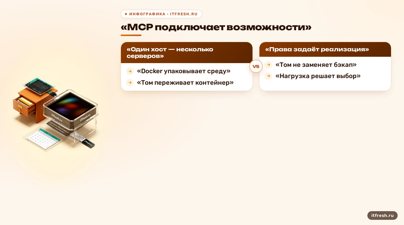 Сравнение функций MCP, Docker и постоянного тома