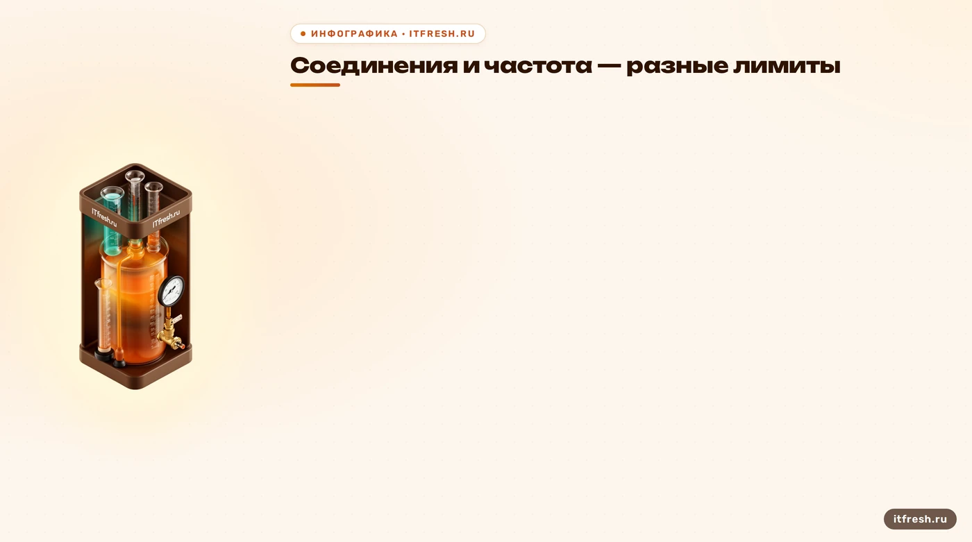 Схема показывает отличие ограничения одновременных соединений от частоты запросов