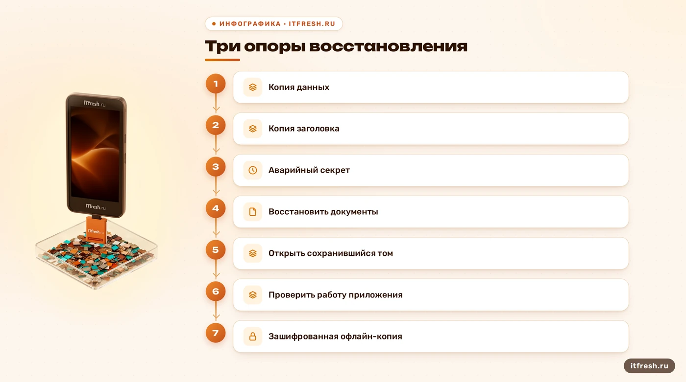 Схема восстановления LUKS с копиями данных, заголовка и аварийным секретом