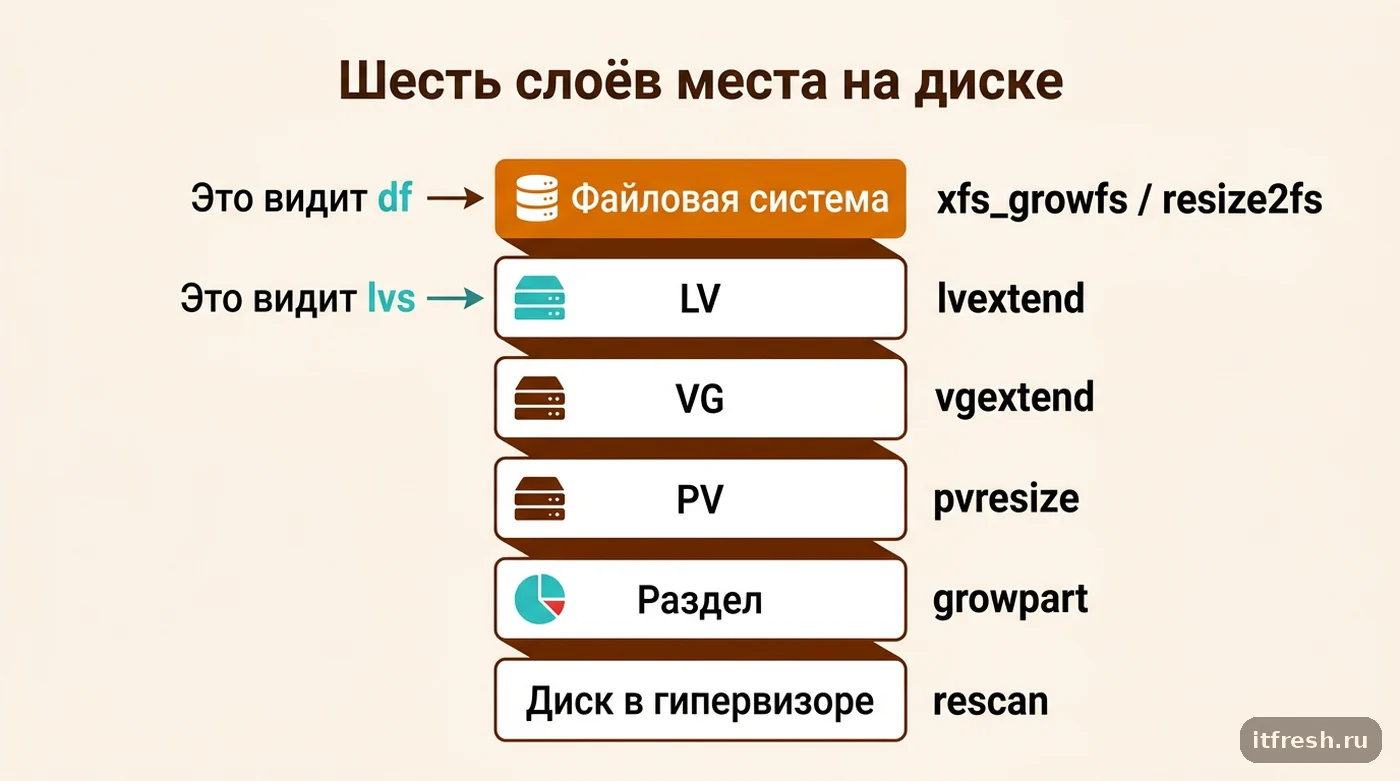 Схема слоёв LVM от диска до файловой системы и команда расширения для каждого слоя