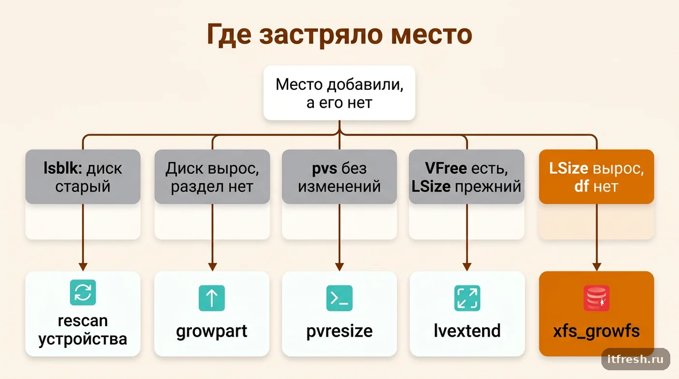 Дерево решений диагностики LVM: по lsblk, pvs, vgs, lvs и df найти слой, где застряло место