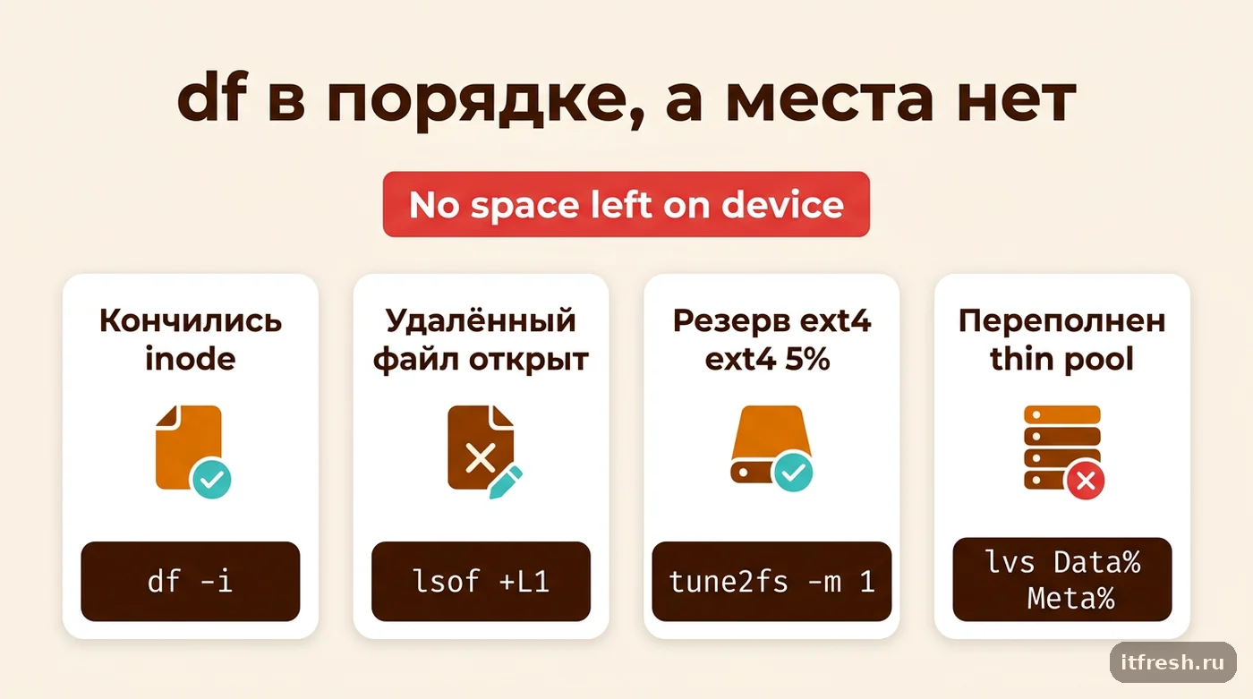 Четыре причины No space left on device при свободном месте в df: inode, удалённые файлы, резерв ext4, thin pool
