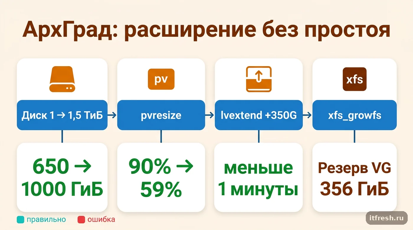 Кейс расширения тома LVM: диск 1,5 ТиБ, lvextend на 350 ГиБ, заполнение XFS с 90% до 59% без простоя