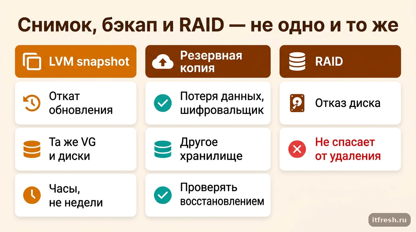 Сравнение LVM snapshot, резервной копии и RAID: от чего защищает каждый механизм