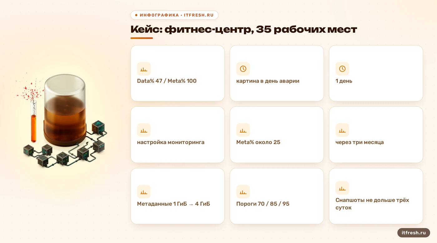 Итоги кейса фитнес-центра на 35 рабочих мест: Meta% 100 в день аварии и около 25 после мониторинга LVM thin