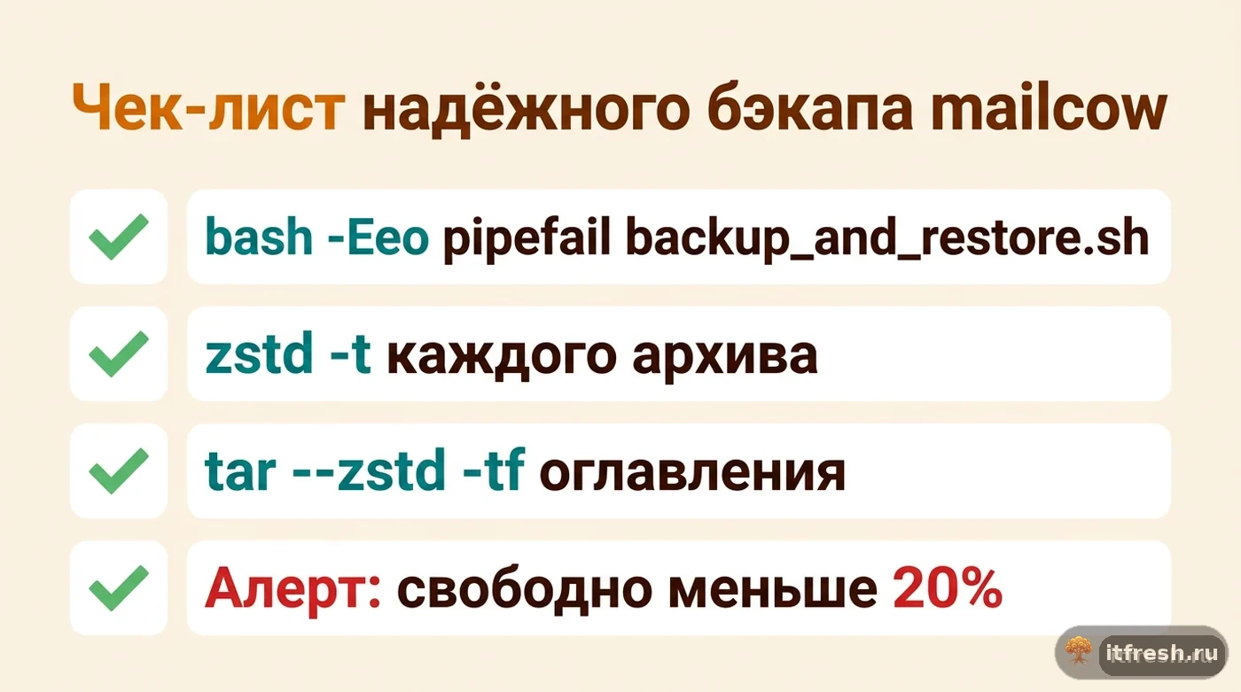 Чек-лист из четырёх шагов для надёжной проверки бэкапов mailcow независимо от кода возврата backup_and_restore.sh