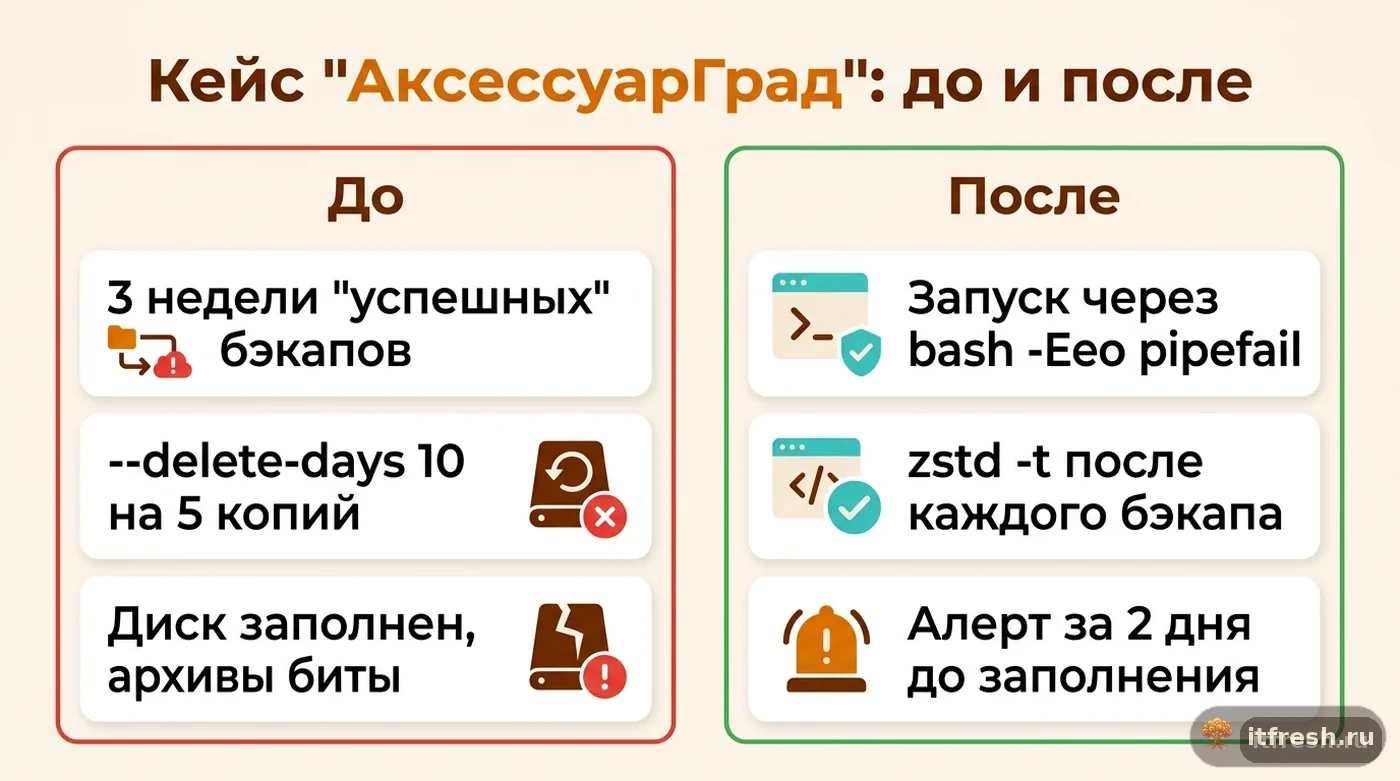 Сравнение состояния бэкапов mailcow клиента «АксессуарГрад» до и после внедрения проверки pipefail и мониторинга места