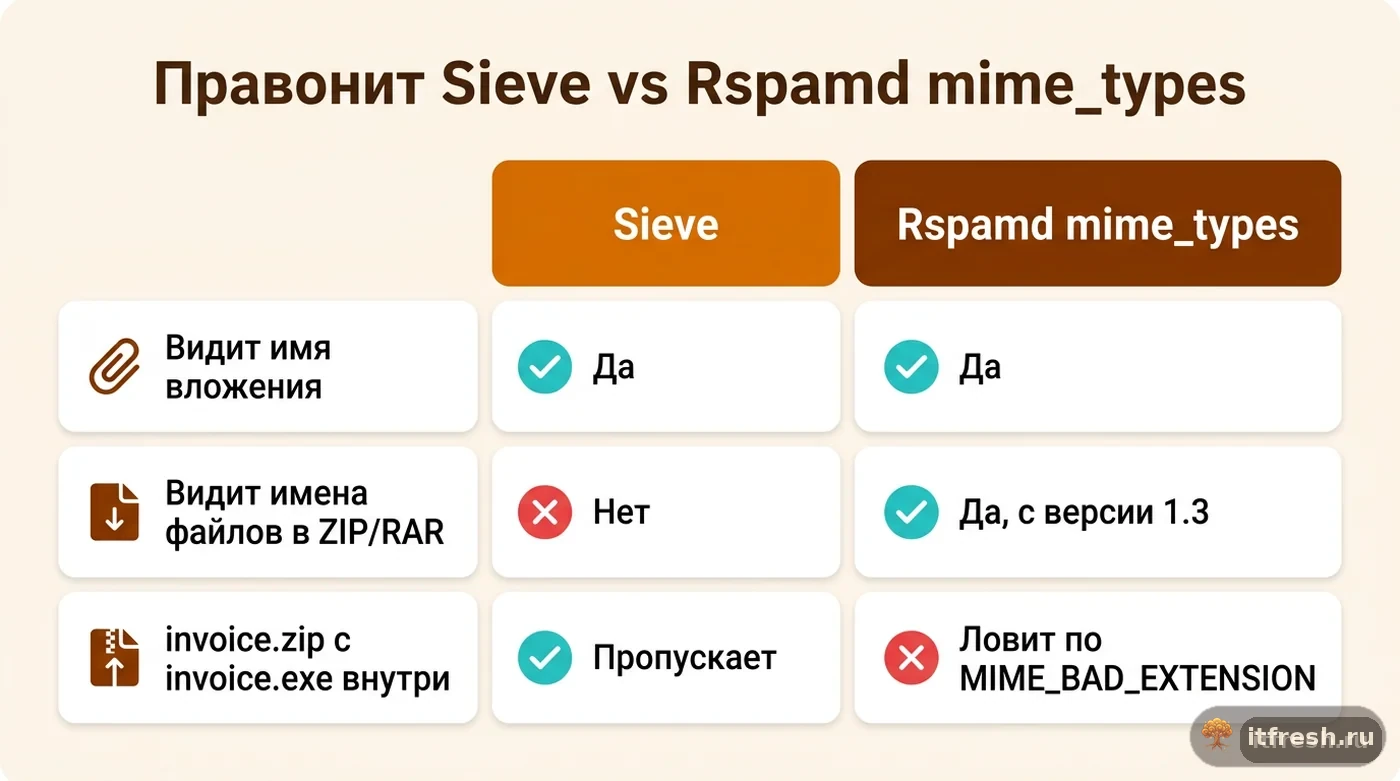 Сравнение возможностей Sieve-фильтра и модуля mime_types Rspamd в проверке вложений и содержимого архивов