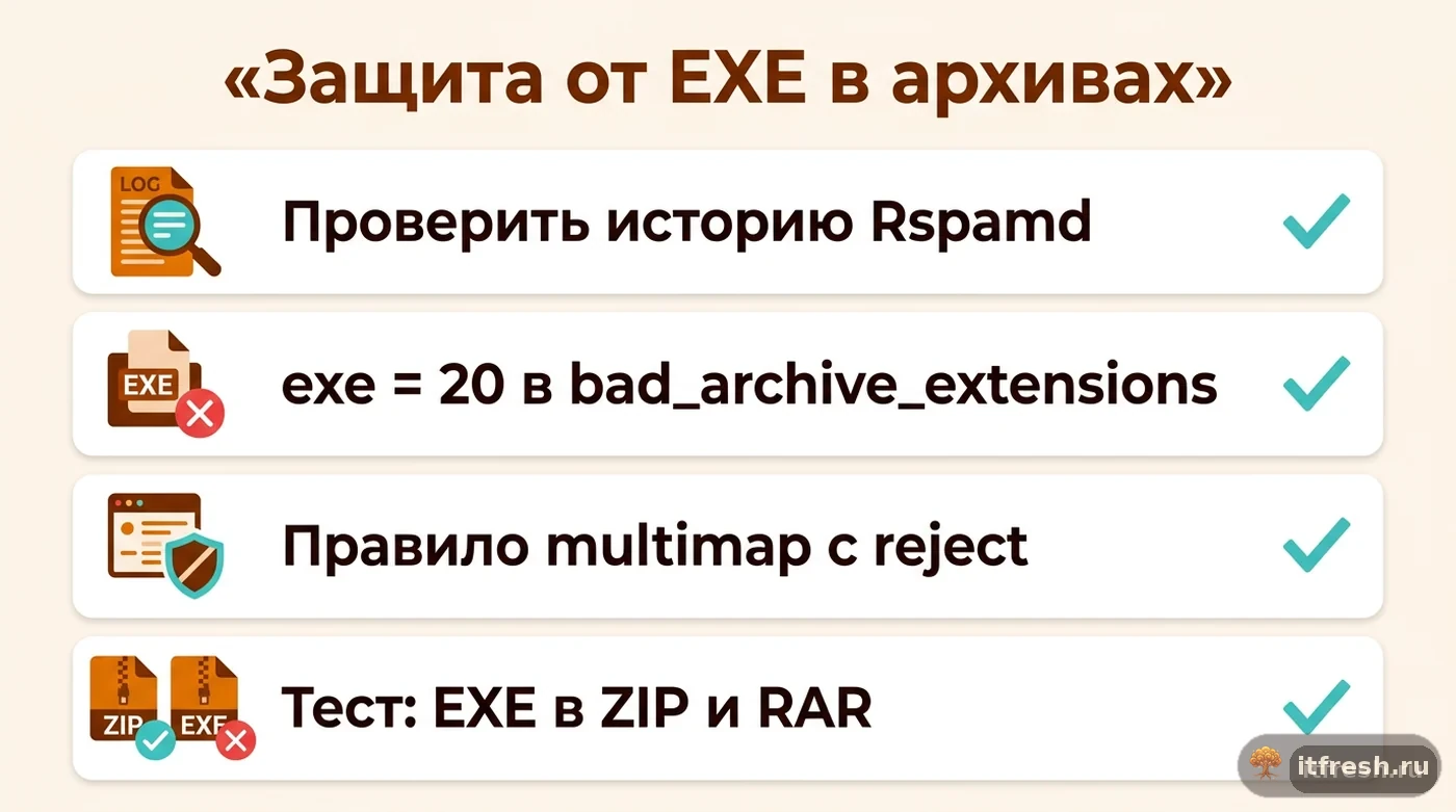 Чек-лист из четырёх шагов настройки защиты от исполняемых файлов внутри архивов в mailcow