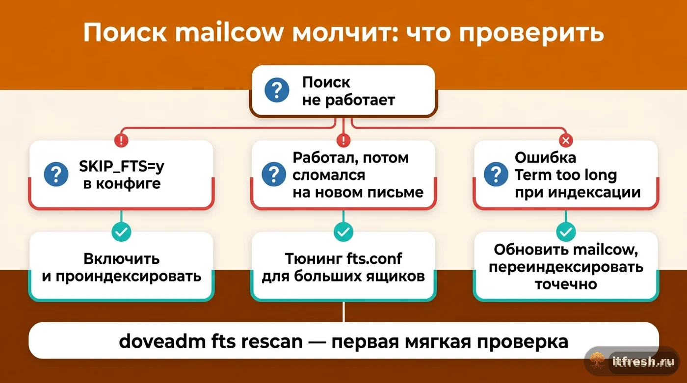 Дерево диагностики поломанного поиска mailcow: конфиг SKIP_FTS, разрыв на новых письмах, ошибка Term too long