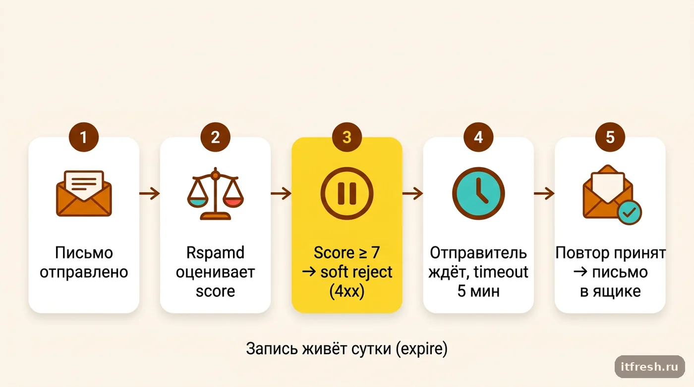 Пошаговая схема прохождения письма через greylisting в Rspamd от отправки до повторной успешной доставки
