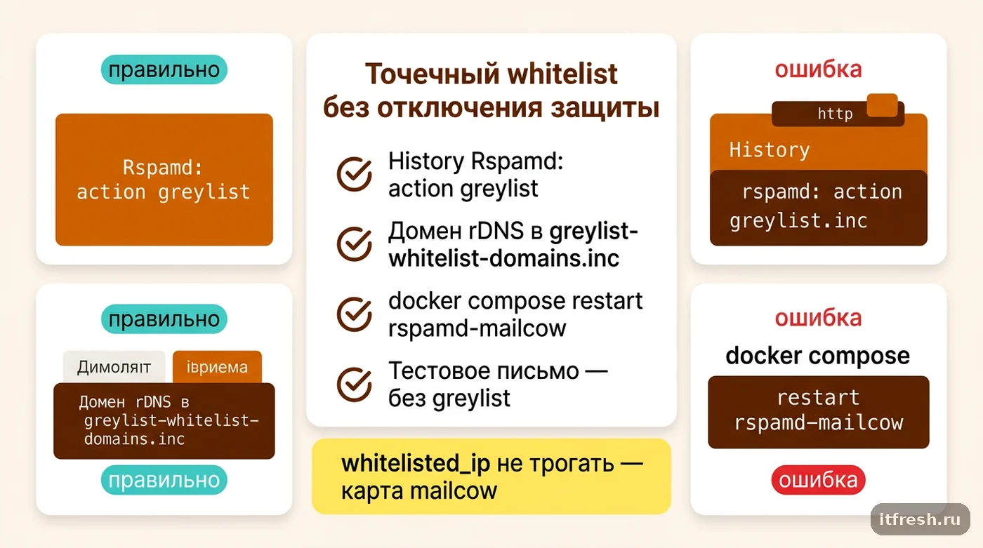 Чек-лист из четырёх шагов для точечного исключения отправителя из greylisting в mailcow без полного отключения защиты