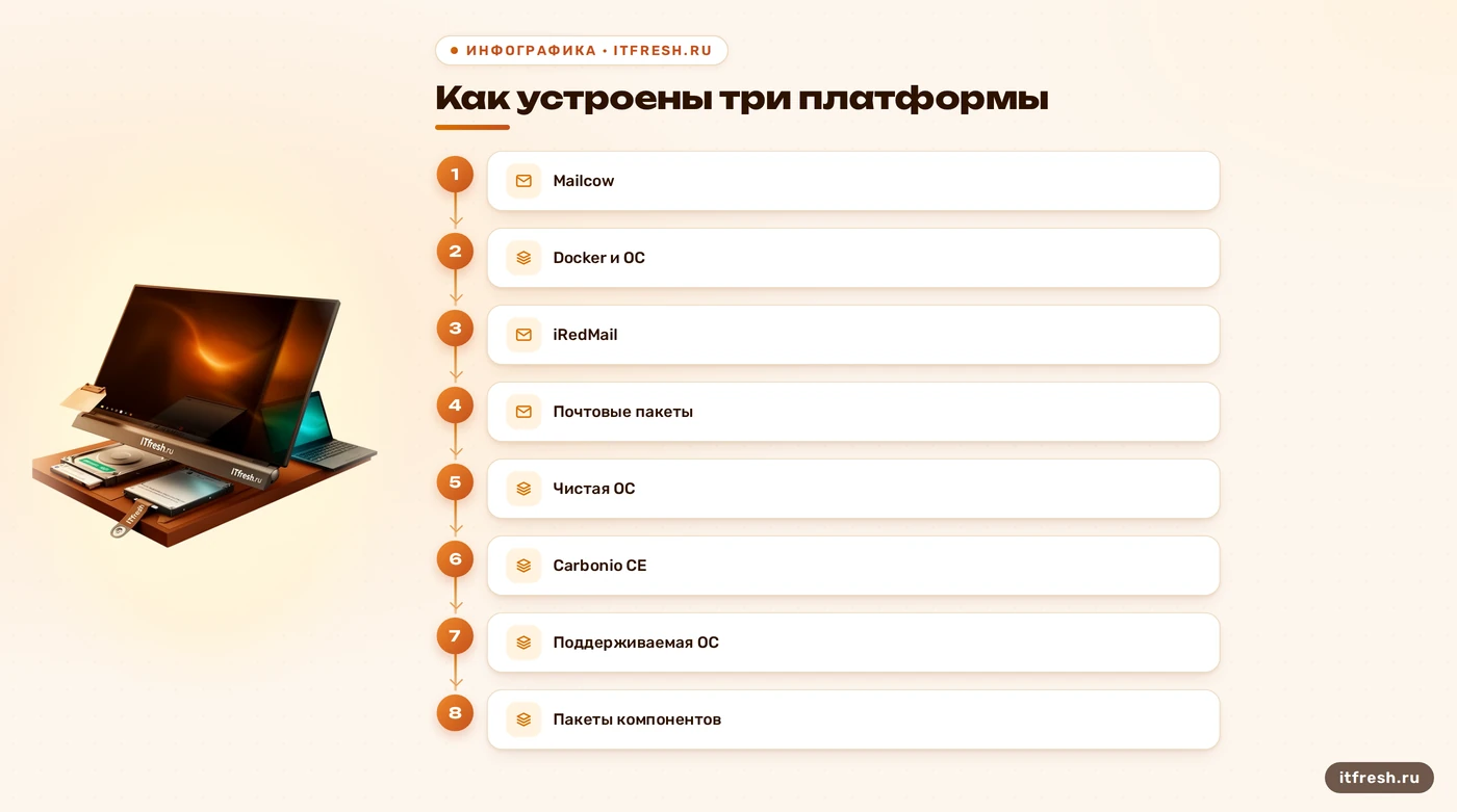 Архитектура Mailcow, iRedMail и Carbonio CE: контейнеры и две пакетные установки