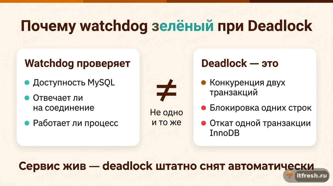Схема, объясняющая разницу между проверкой здоровья MySQL через watchdog и штатным механизмом deadlock в InnoDB