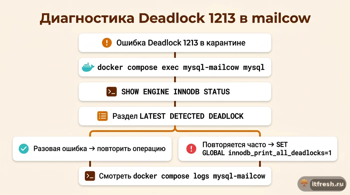 Пошаговая схема диагностики ошибки Deadlock 1213 в карантине mailcow через InnoDB status и логи MariaDB