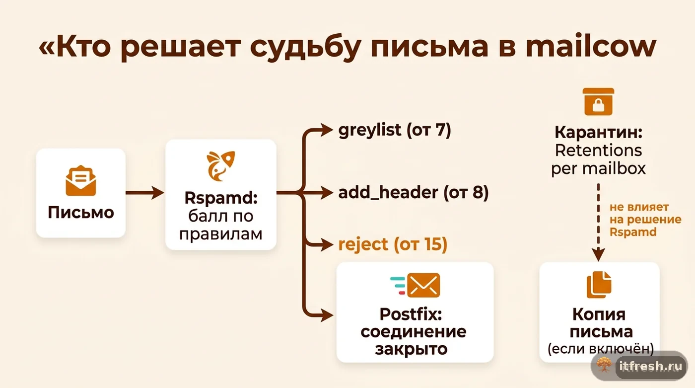 Схема: Rspamd принимает решение об отклонении письма независимо от настроек карантина в панели mailcow