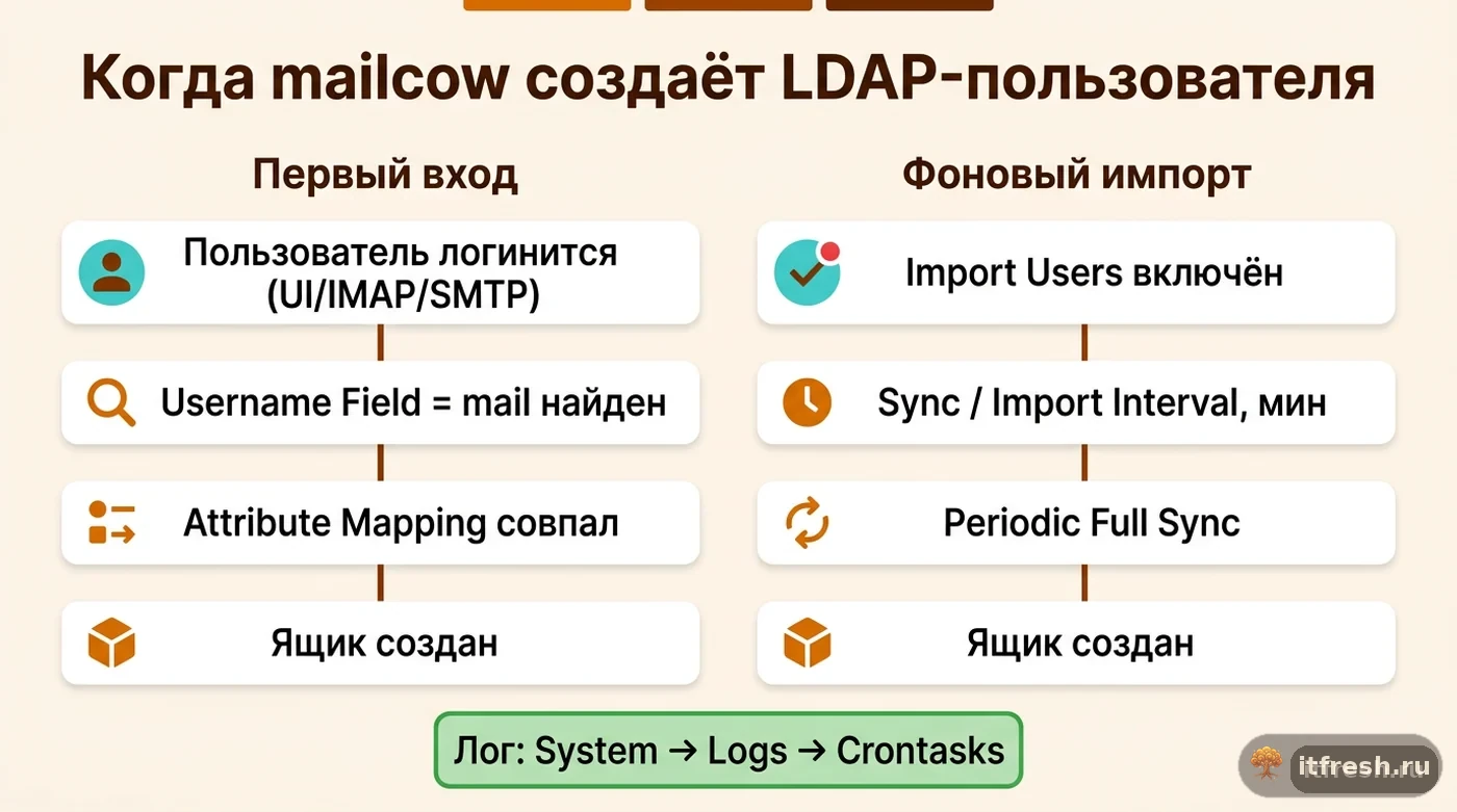 Схема двух путей создания LDAP-пользователя в mailcow: при первом входе и при фоновом импорте по расписанию