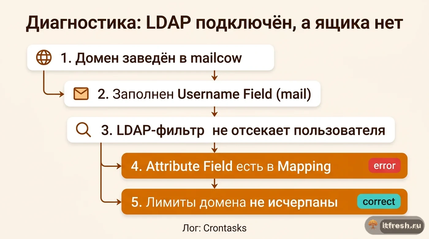 Чек-лист из пяти шагов диагностики, почему LDAP-пользователь mailcow не получает почтовый ящик