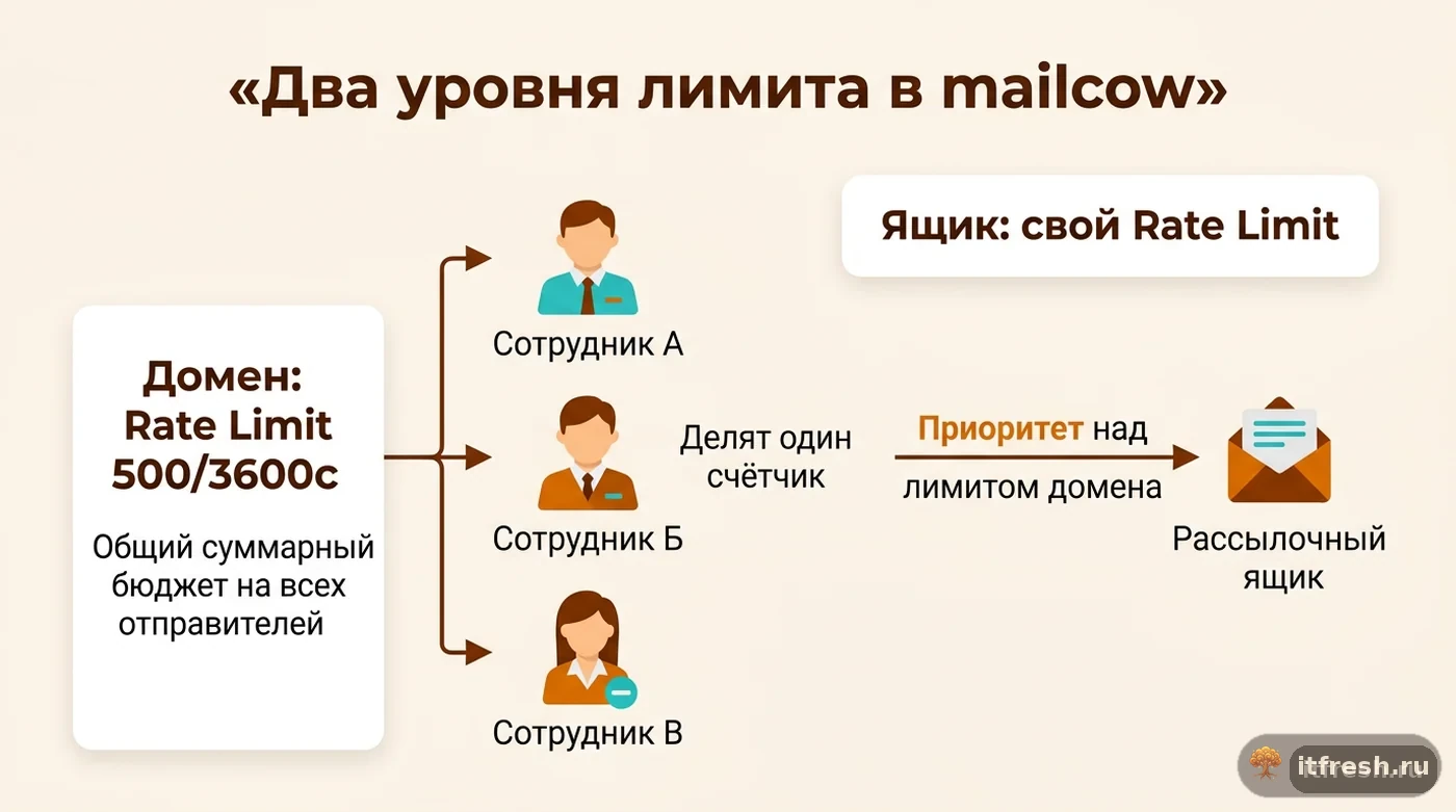 Схема: доменный лимит mailcow общий на всех сотрудников, лимит ящика имеет приоритет