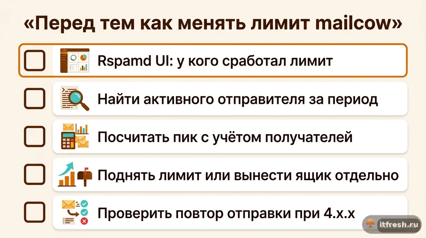 Чек-лист из пяти шагов проверки перед изменением лимита отправки писем в mailcow