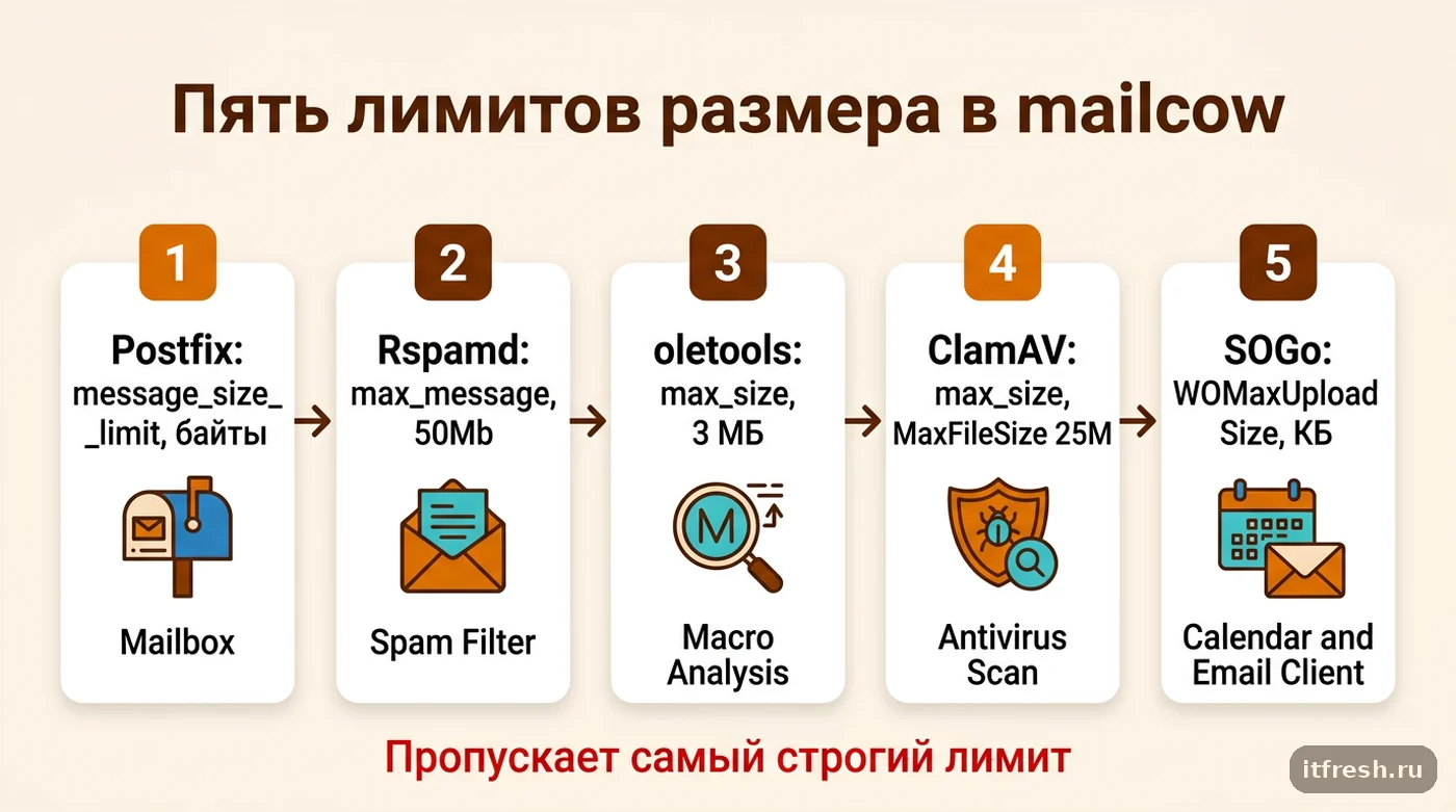 Схема пяти последовательных лимитов размера письма в mailcow: Postfix, Rspamd, oletools, ClamAV и SOGo