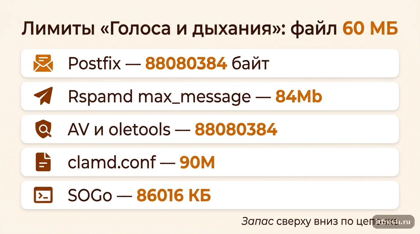 Таблица итоговых значений пяти лимитов размера вложения mailcow для файлов до 60 МБ