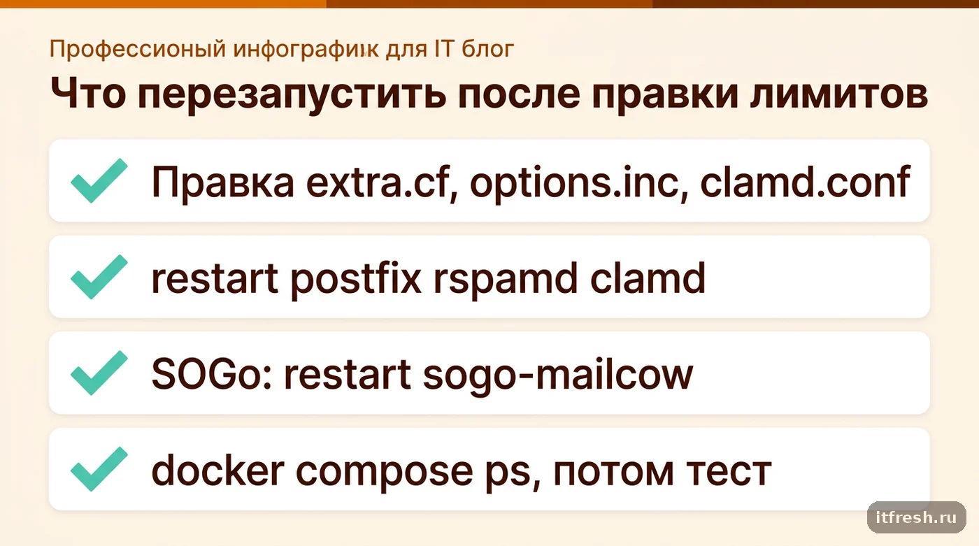 Чек-лист перезапуска контейнеров mailcow после изменения лимитов размера вложений