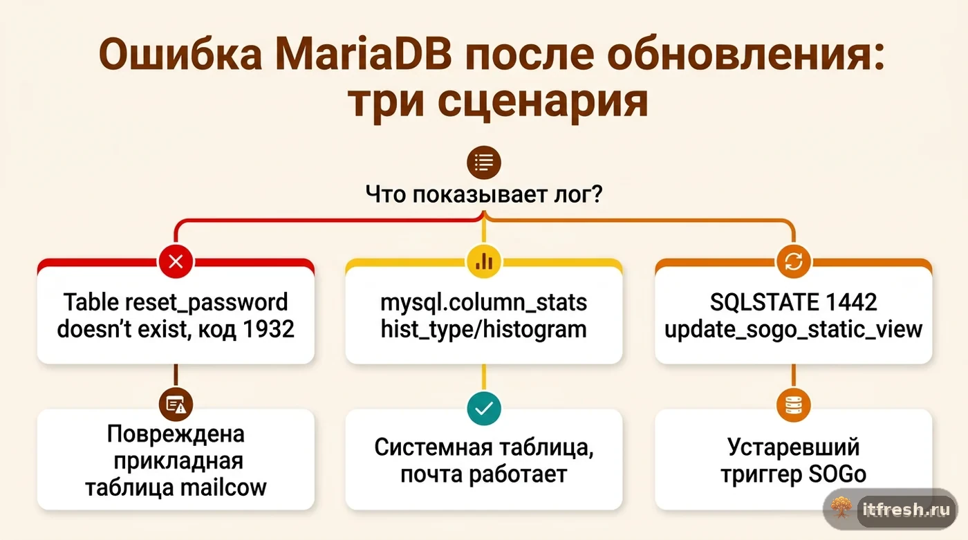 Дерево решений: три сценария ошибок MariaDB после обновления mailcow и к чему каждый относится