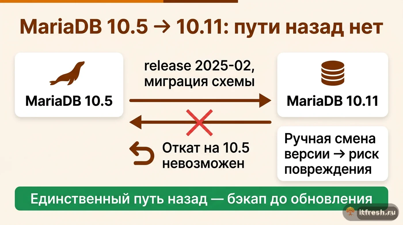 Схема миграции MariaDB с 10.5 на 10.11 в mailcow без возможности отката версии