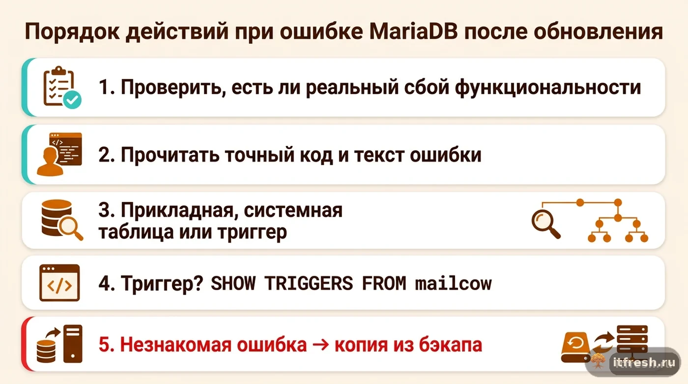 Чек-лист из пяти шагов диагностики ошибок MariaDB после обновления mailcow