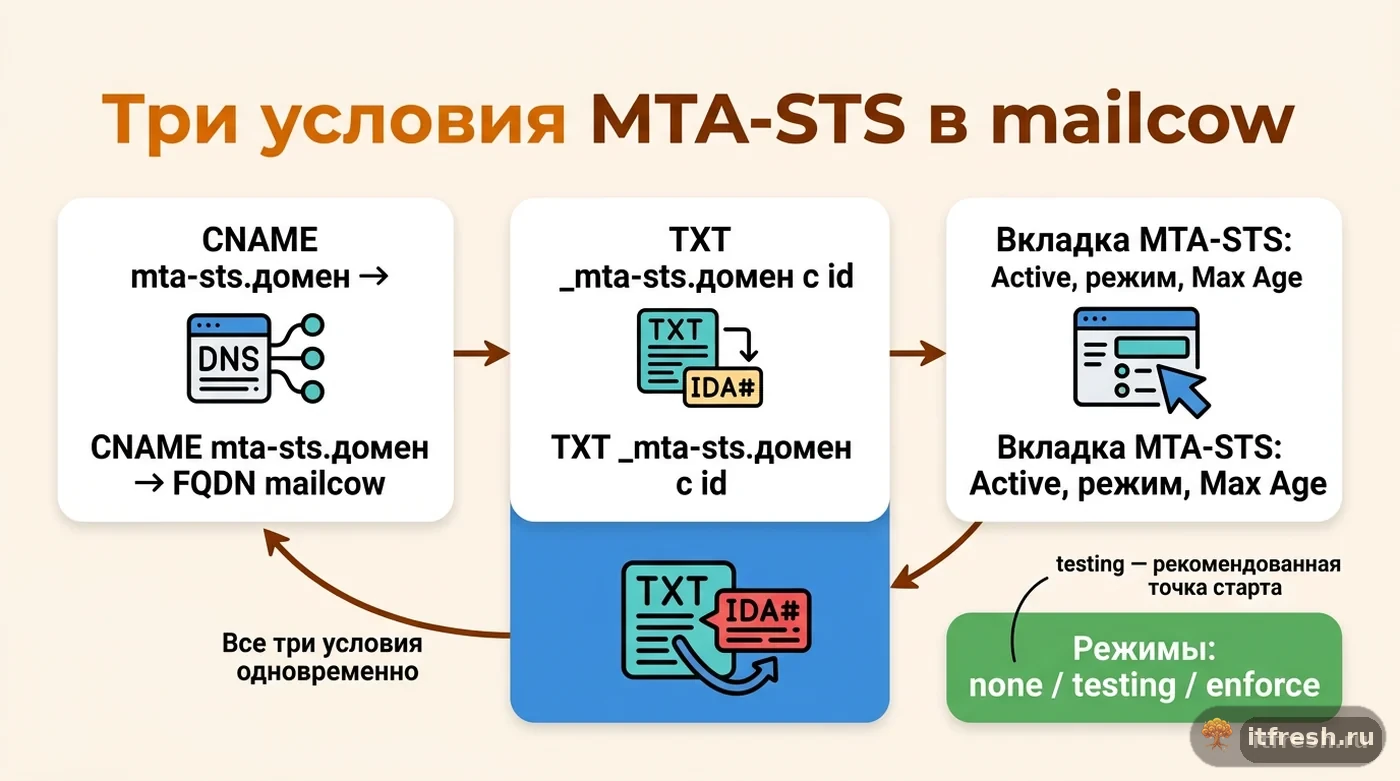 Схема трёх обязательных условий действующей политики MTA-STS в mailcow: CNAME, TXT-запись и настройка в UI