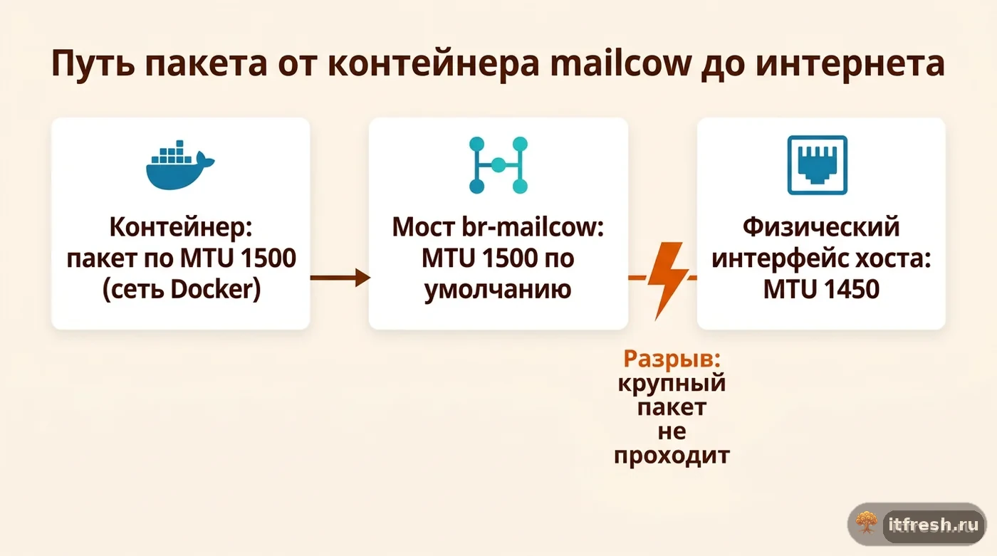 Схема прохождения пакета от контейнера mailcow через мост Docker к физическому интерфейсу хоста с меньшим MTU