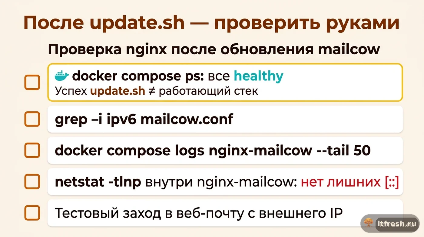 Чек-лист из пяти пунктов для проверки nginx и IPv6 после обновления mailcow