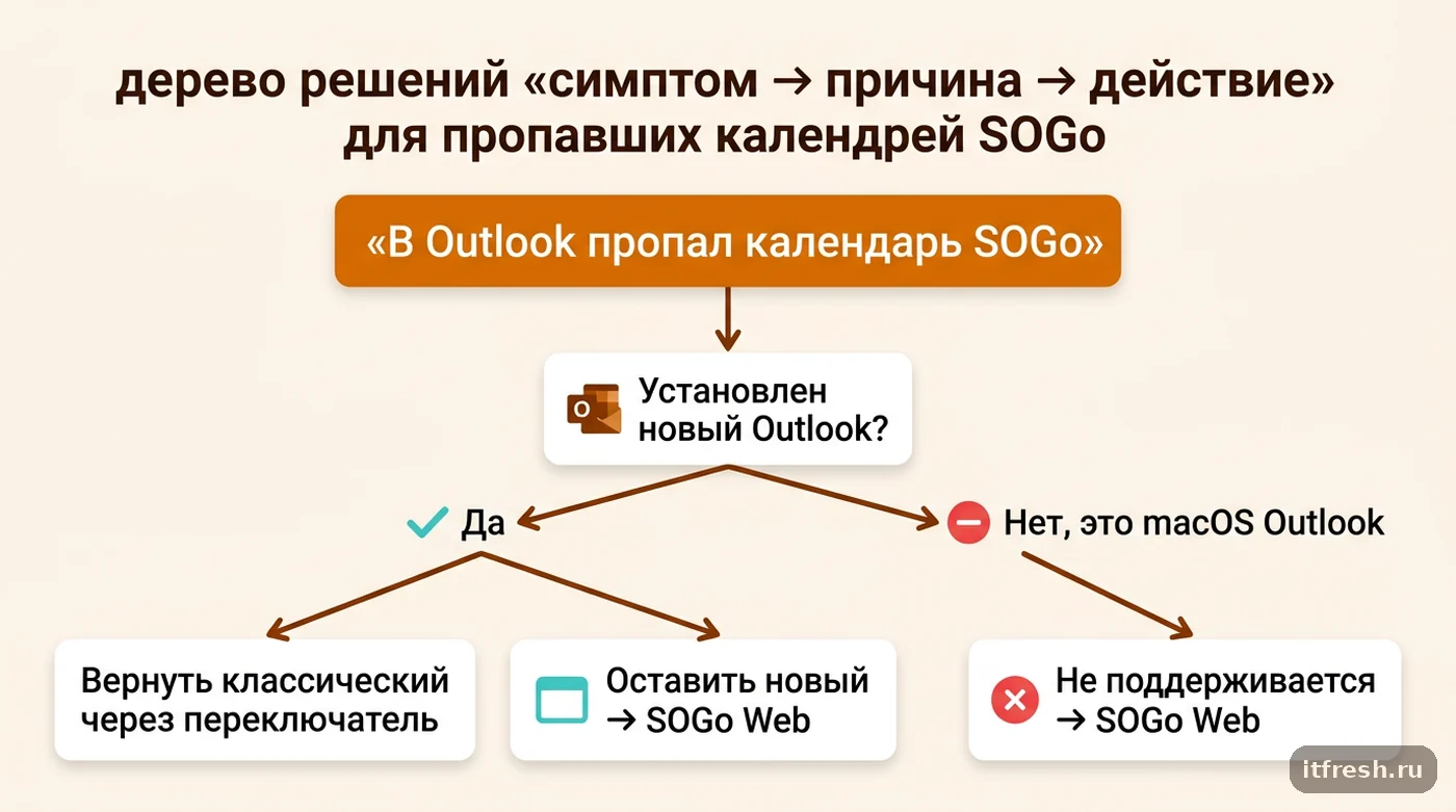 Дерево решений для восстановления доступа к календарю SOGo при пропаже в новом Outlook или на macOS