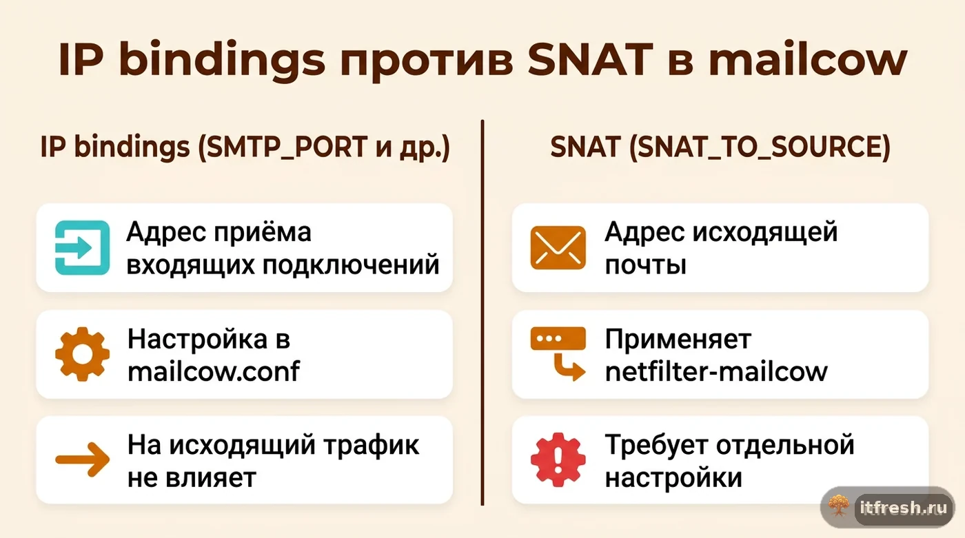 Сравнение настройки входящего адреса через IP bindings и исходящего адреса через SNAT в mailcow