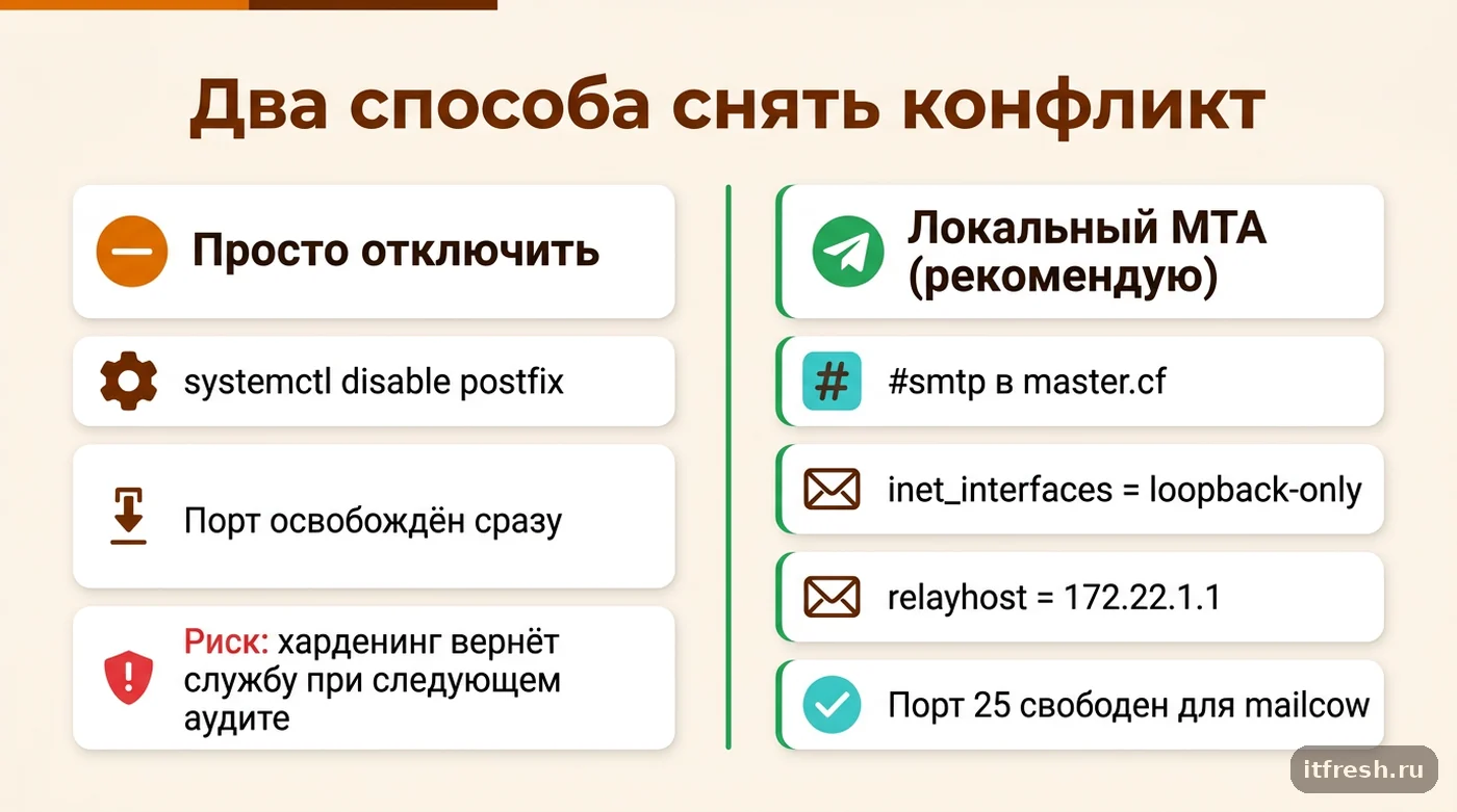 Сравнение: отключить системный Postfix или оставить его локальным MTA без слушателя порта 25 рядом с mailcow